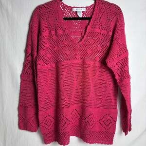 Vtg 1992 Claudia D Crochet Sweater Womens Med Magenta Open Knit Boho 90s Beach